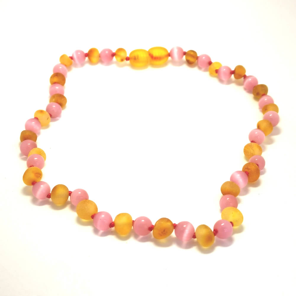 Unpolished Honey Amber and Pink Cats Eye necklace
